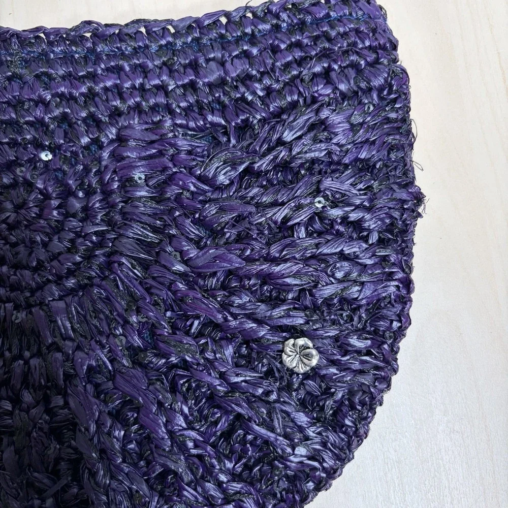 Flora Bella Raffia Clutch Bag Purple Half Circle Full Zip Tassel Travel Vacation